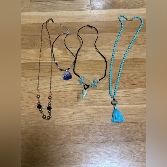 Curated Boho Statement Necklace Lot - 4pc Set - Turquoise, Macrame, & Art Glass - Picture 2 of 5